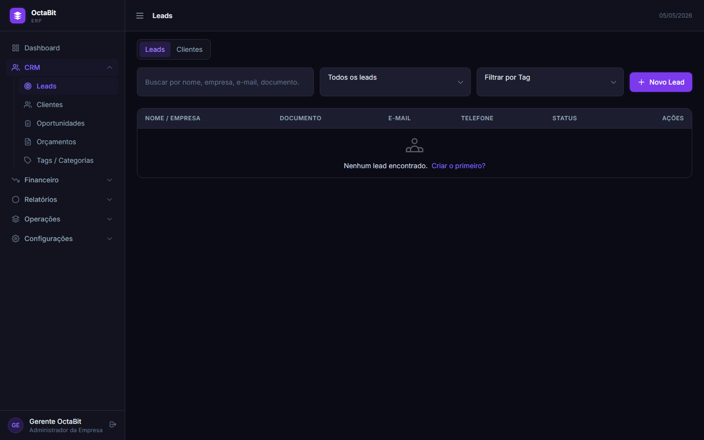 Interface de Gestão de Leads e CRM