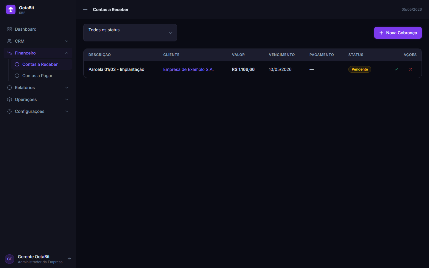 Dashboard Financeiro e Contas a Receber